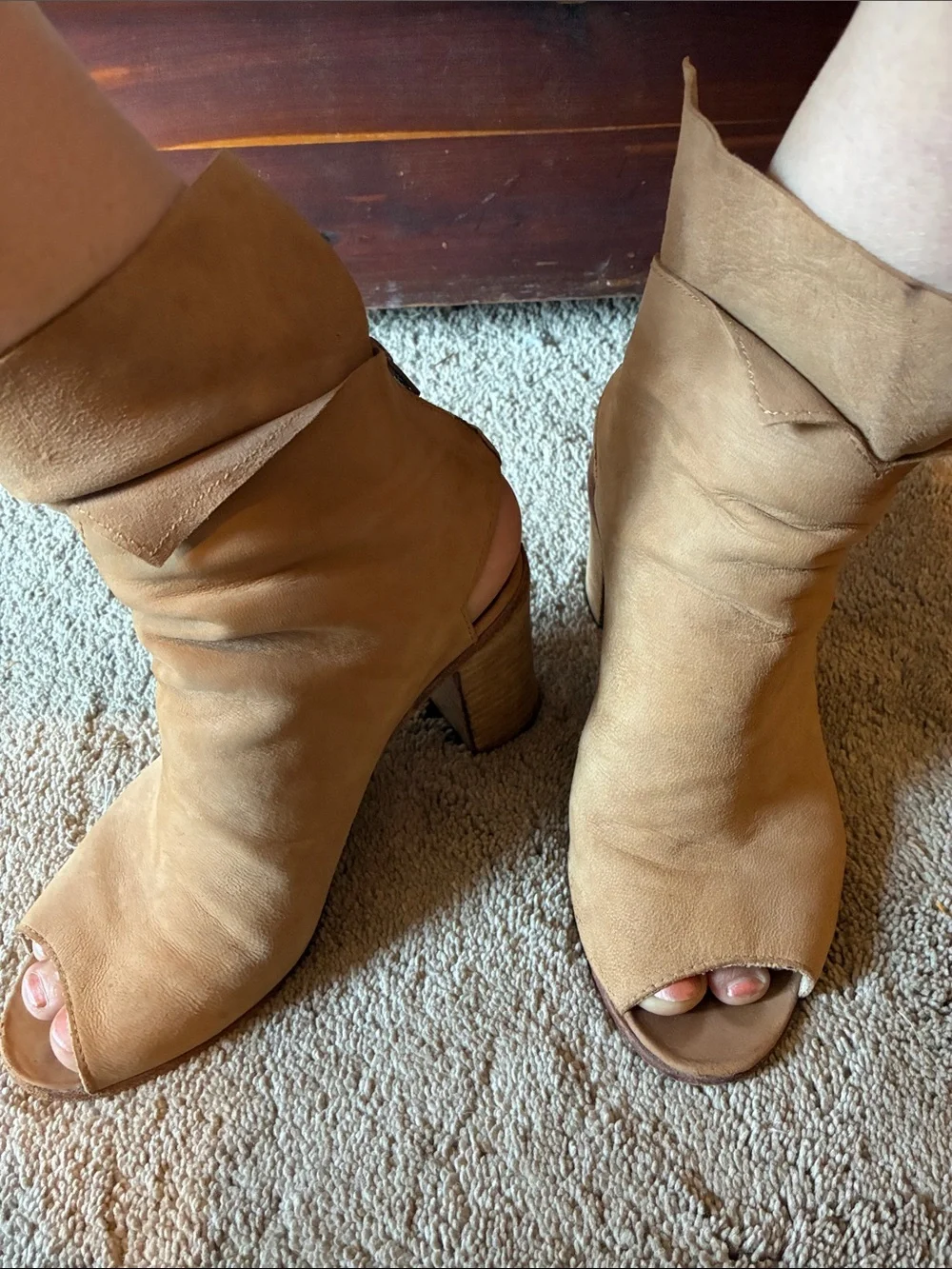 Free People Tan Suede Peep-Toe Stacked Heel Booties- Size 38